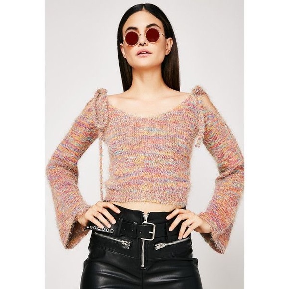 NWOT Fuzzy Rainbow cold shoulder Cropped sweater - Picture 3 of 3